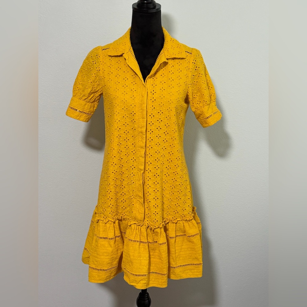 TAYLOR Yellow Short Sleeve Button Front Embroidered Eyelet Mini Dress-4